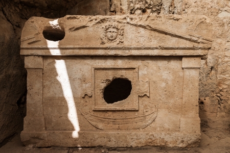 Ancient harbour monumental tombs sarcophagus at Turkey Olympos city ruinsの写真素材