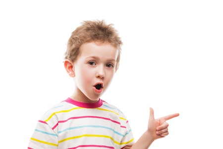 Little amazed or surprised child boy hand gesturing or index finger pointingの写真素材