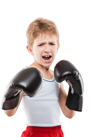 Smiling boxer child boy in boxing gloves training martial art sport white isolatedの写真素材