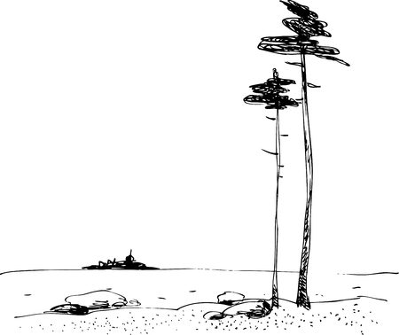 black and white drawing of the northern landscapeのイラスト素材