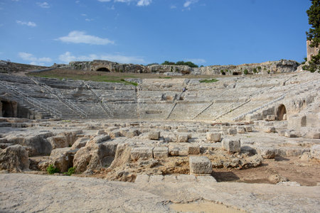 Greek theater of Syracuse panoramic front viewの写真素材