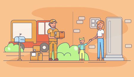 Courier is holding a box. He delivered the package to the door. Woman and boy waiting for a parcel. Flat cartoon vector color illustration for web.のイラスト素材