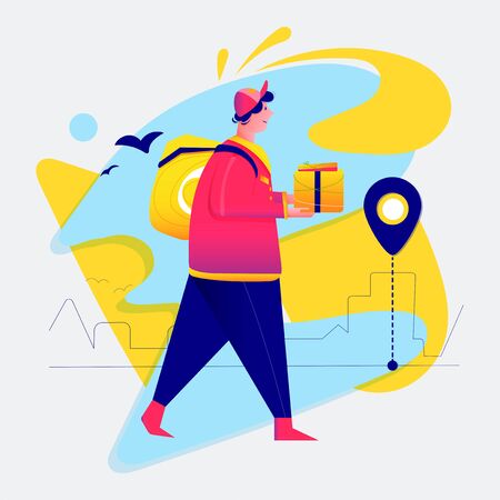 Courier with a backpack goes to deliver the package. Flat cartoon vector color illustration for web.のイラスト素材
