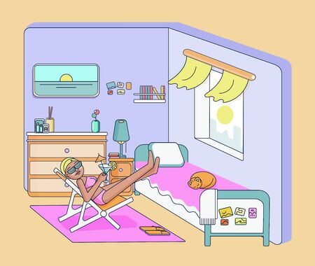Woman sunbathing on a beach chair in the room imagines that he is resting on the sea. Side view. Color vector cartoon flat illustration. Concept for coronavirus epidemic quarantine.のイラスト素材
