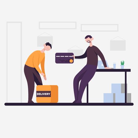 The courier brought the package and man pays with a card. Flat cartoon vector color illustration for web. Concept for online shopping.のイラスト素材