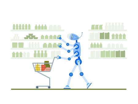 Robot goes shopping in the supermarket. Color vector cartoon flat illustration. Concept - people relax, robots workのイラスト素材