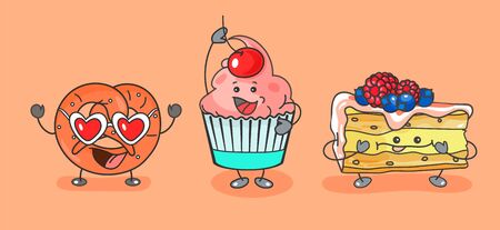 Cupcake, pretzel, piece of cake. Vector flat cartoon color illustration. For menu, poster, web bakery shop. Isolated on pink background. Hand drawn sketch comic style.のイラスト素材