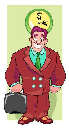 Boss businessman laughs and and holding suitcase. Front view. Color vector flat cartoon illustration. Pop art retro styleのイラスト素材