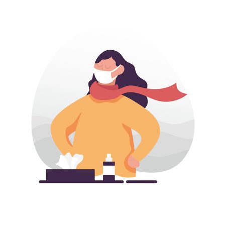 Woman in mask and scarf. In front of her are napkins and a sanitizer. Color vector cartoon illustration. For coronavirus epidemic quarantine.のイラスト素材