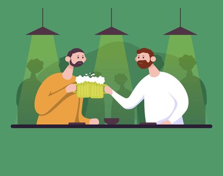 Two friends clinking glass beer in bar. Flat cartoon vector color illustration.のイラスト素材