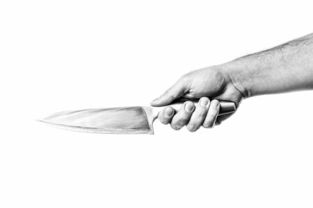 Man hand holding knife. Isolated on white background. Side viewの写真素材