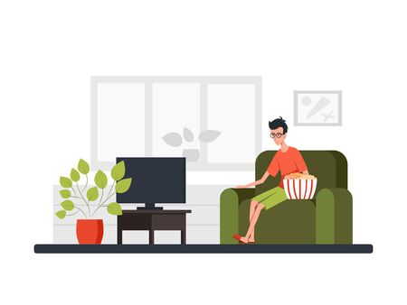 Man sits on a sofa, eats big bucket popcorn and watches TV. Front view. Color vector cartoon flat illustration. Concept for coronavirus epidemic quarantine. Stay home.のイラスト素材