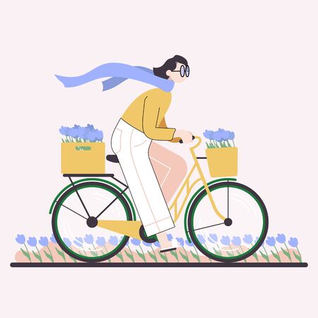 Woman carries flower boxes on bicycle. Color illustration.のイラスト素材
