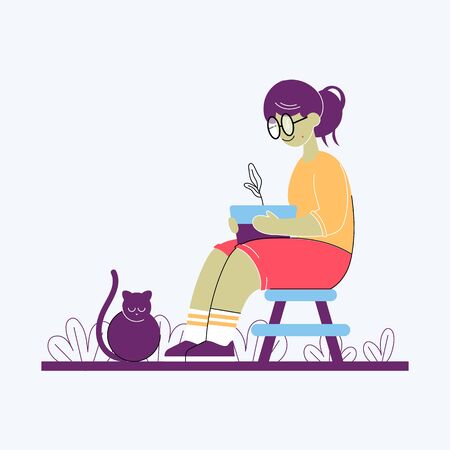A nerd girl sitting on a chair and holing a pot with a plant in her hands. Color illustration.のイラスト素材