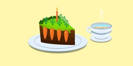 Piece of cake in the form of a garden and a cup with a beach. Color illustration.のイラスト素材