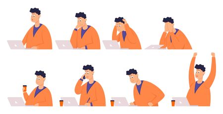 Set of poses businessman with different emotions and expressions. Color vector illustrationのイラスト素材