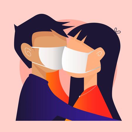 Couple in medical face. Front view people silhouette. Black vector iconのイラスト素材