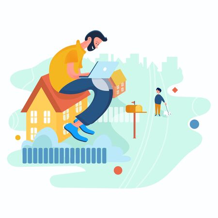 Freelance sits at home with a laptop. Flat icon. Stay homeのイラスト素材
