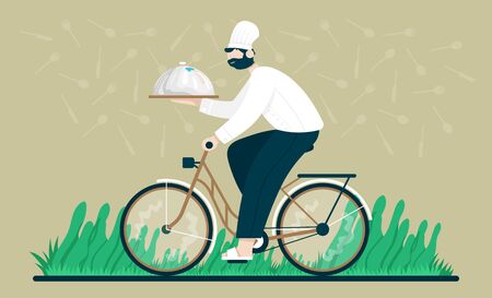 Chef with a tray rides a bicycle to deliver takes out food and drink in home. Flat cartoon vector color illustration for web.のイラスト素材