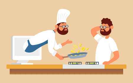 Cooking process online with chef from laptom . Watching a recipe for dishes on a laptop on the Internet. Color vector flat cartoon icon. Concept for food blogger and internet lesson.のイラスト素材