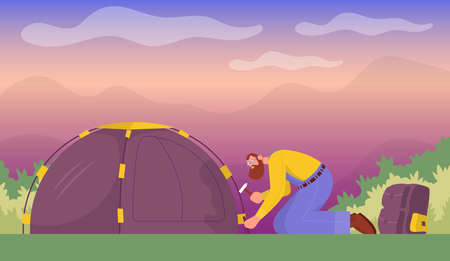 Tourist puts up a tent. Concept for hiking outdoors. Side view. Color cartoon flat vector illustration.のイラスト素材