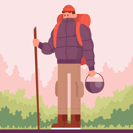 Man traveling trekking with backpacks in forest. Concept for hiking outdoors. Front view. Color cartoon flat vector illustrationのイラスト素材