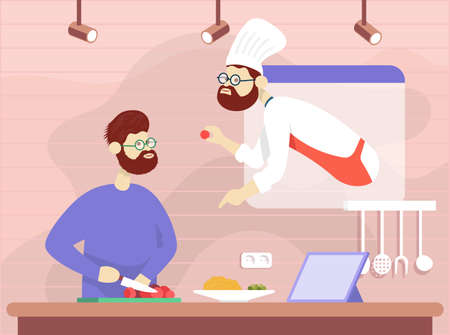 Cooking process with chef figures at the table in restaurant kitchen interior.のイラスト素材