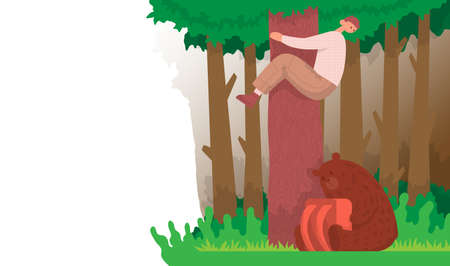 Tourist climbed a tree from a bear, a animal sits with a backpack. Color cartoon flat vector illustration. Lifestyle concept outdoor activity.のイラスト素材