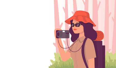Tourist with a camera in the forest. Color vector flat cartoon icon. Concept for travel blogger.のイラスト素材