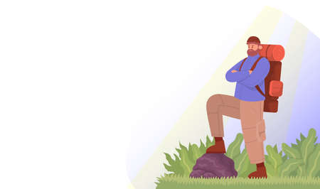 Tourist enjoys his trip in the mountains. Concept for hiking outdoors. Color cartoon flat vector illustration.のイラスト素材