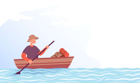 Tourist is sailing in a boat. Lifestyle concept outdoor activity. Color cartoon flat vector illustration.のイラスト素材