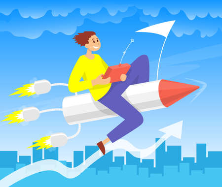 Businessman flying up by rocket. Concept business growth v stages of climbing the stairs. Color vector cartoon illustration. Concept growth and the path to future success, startup.のイラスト素材