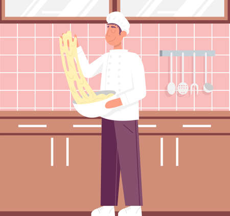 Chef preparing pizza dough rolling with hands. Flat vector color cartoon iconのイラスト素材