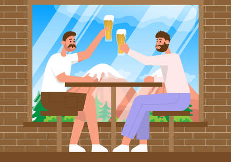 Two friends clinking glass beer in bar. Flat cartoon vector color icon.のイラスト素材