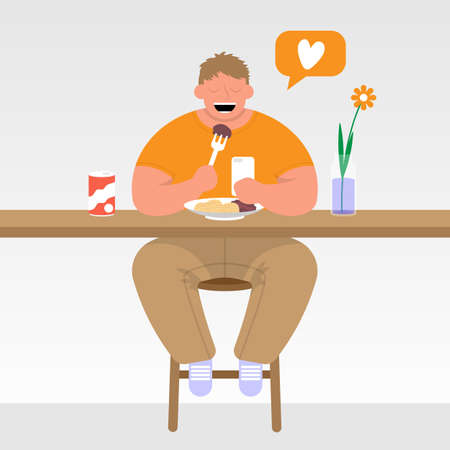 The man at the cafe table looks at the phone and eats. Vector flat iconのイラスト素材