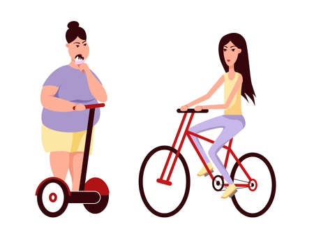 Slim and fat womans ride scooter and bicycle. Obesity. Healthy and unhealthy lifestyle. Flat vector color cartoon illustration isolated on white. Concept for overweight.のイラスト素材