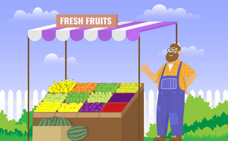 Farmers seller fresh fruit in a eco store. Color vector cartoon illustration. Food conceptのイラスト素材
