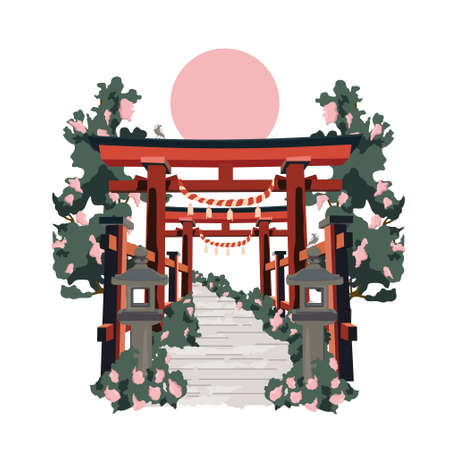 Japanese torii gate in Japan. Color vector flat cartoon illustration isolated on sun and whiteのイラスト素材