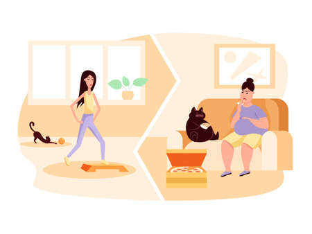 Healthy and unhealthy lifestyle. Sport vs fastfood. Vector flat color illustrationのイラスト素材