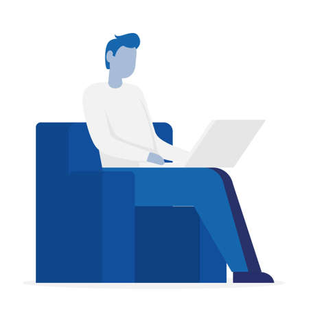 Man sitting on a chair with a laptop. Side view. Flat cartoon vector color illustration for web. Isolated on white.のイラスト素材