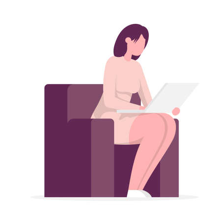 Man sitting on a chair with a laptop. Side view. Flat cartoon vector color illustration for web. Isolated on white.のイラスト素材