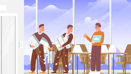 Developers switching to olnine work with a cloud service. Color vector cartoon illustration. Concept for web communication and virtual meeting.のイラスト素材