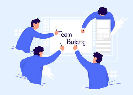 Businessmans writing together team building. Color vector cartoon illustration. Concept for business solution in partnershipのイラスト素材