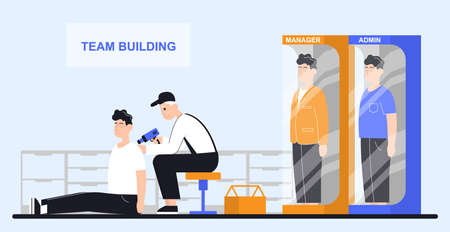 The man prepares employees for teamwork. Color vector cartoon illustration. Concept with for business team solution in partnership.のイラスト素材