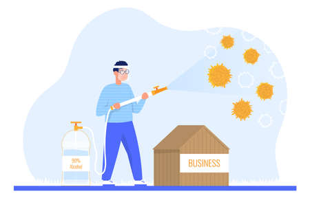 Guy sprays a large sanitizer on a microbe. Side view. Color vector cartoon illustration. Concept for danger epidemic coronavirus quarantine. Business defending from covid-19.のイラスト素材
