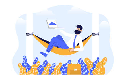 Developers switching to olnine work with a cloud computing service. Color vector cartoon illustration. Concept for web communication and virtual meeting.のイラスト素材