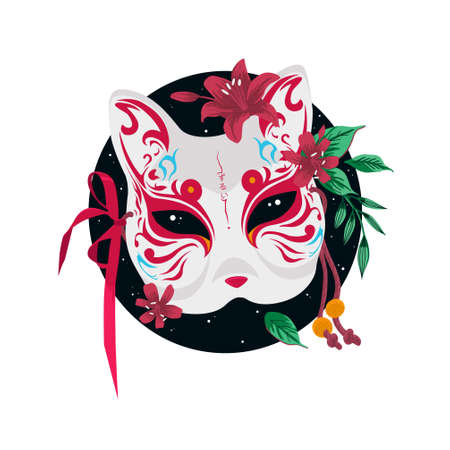 Japanese Kitsune fox and wolf mask. Color vector flat cartoon illustration isolated on black circleのイラスト素材