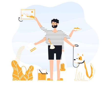 Man freelancer does several things at once time. He is holding bag and plate with food, walks the dogs, removes dust, hangs a picture, water the plant. Color vector flat cartoon iconのイラスト素材