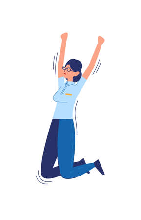 Joyful businesswoman jumping. Side view. Flat cartoon vector color illustration for web. Isolated on white.のイラスト素材