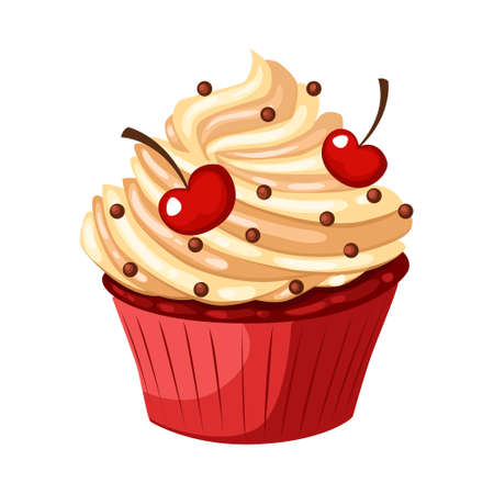 Cupcake with cherry. Vector flat color icon. Isolated on white background.のイラスト素材